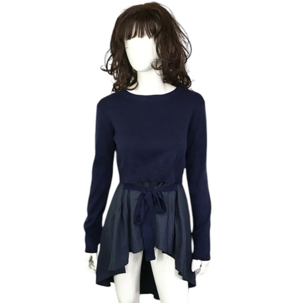 After Market Blue Black Tie Front High Low Peplum Sweater Size S